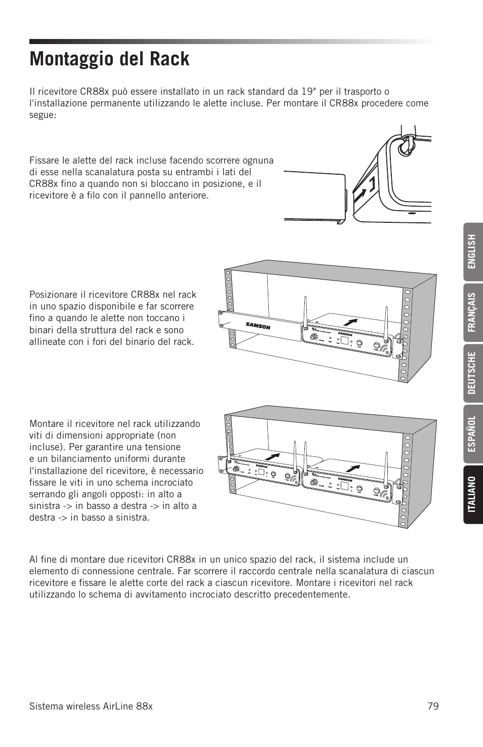 Montaggio del rack | Samson AH8 AirLine 88 Wireless Fitness Headset Microphone Transmitter (D: 542 to 566 MHz) User Manual | Page 79 / 84