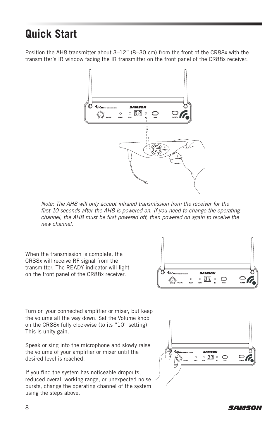 Quick start | Samson AH8 AirLine 88 Wireless Fitness Headset Microphone Transmitter (D: 542 to 566 MHz) User Manual | Page 8 / 84