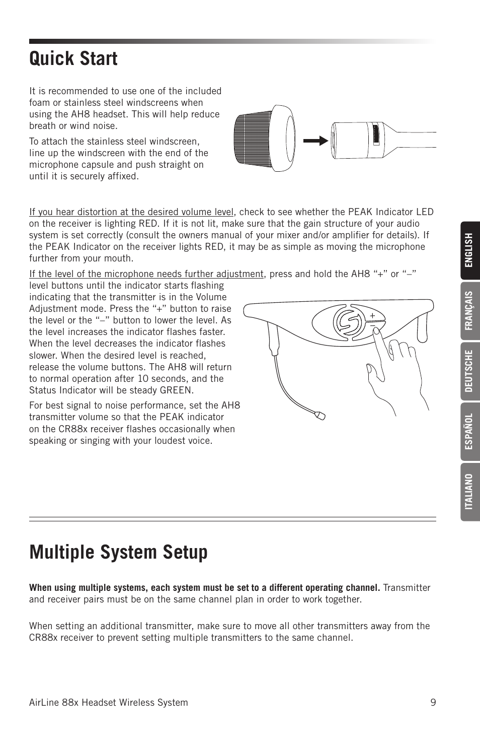 Quick start, Multiple system setup | Samson AH8 AirLine 88 Wireless Fitness Headset Microphone Transmitter (D: 542 to 566 MHz) User Manual | Page 9 / 84