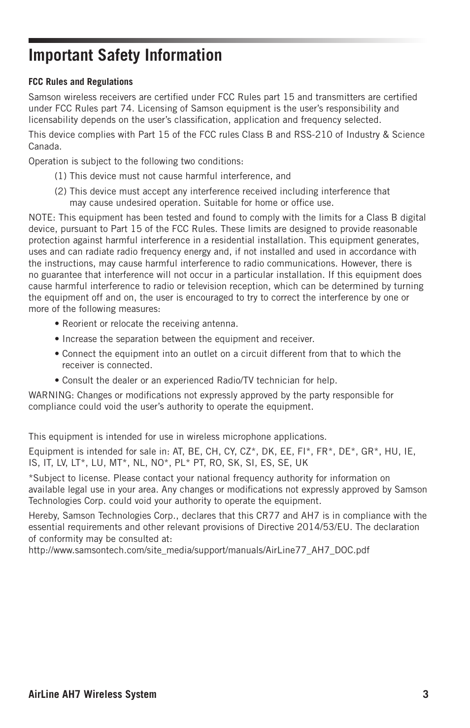 Important safety information | Samson AH9 Wireless Transmitter with Fitness Headset Microphone (K: 470 to 494 MHz) User Manual | Page 3 / 12