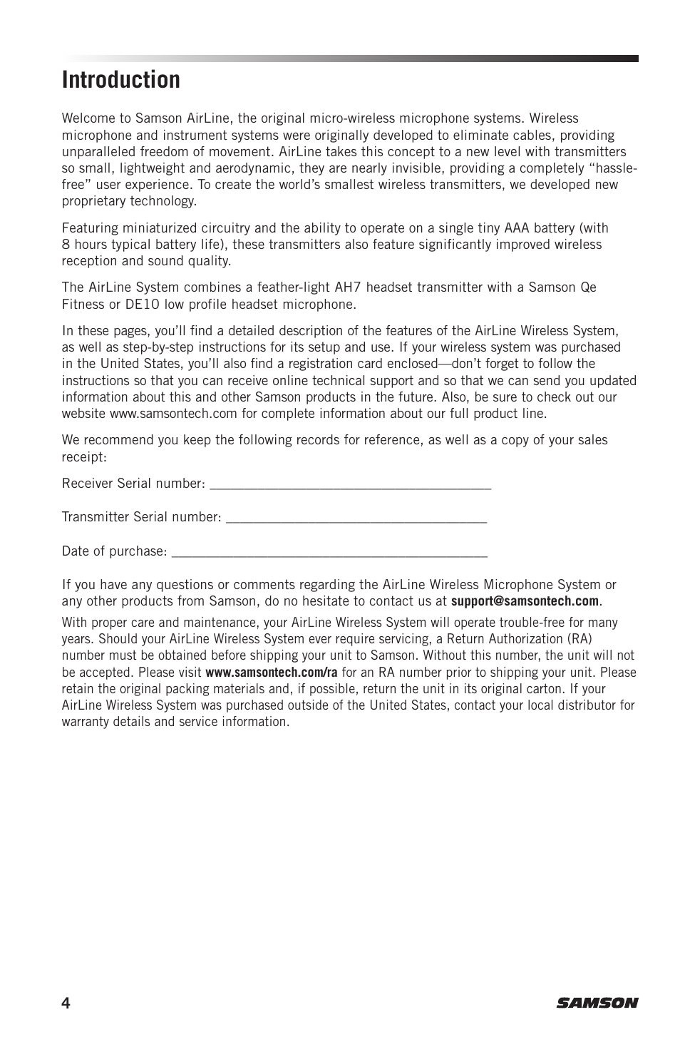 Introduction | Samson AH9 Wireless Transmitter with Fitness Headset Microphone (K: 470 to 494 MHz) User Manual | Page 4 / 12