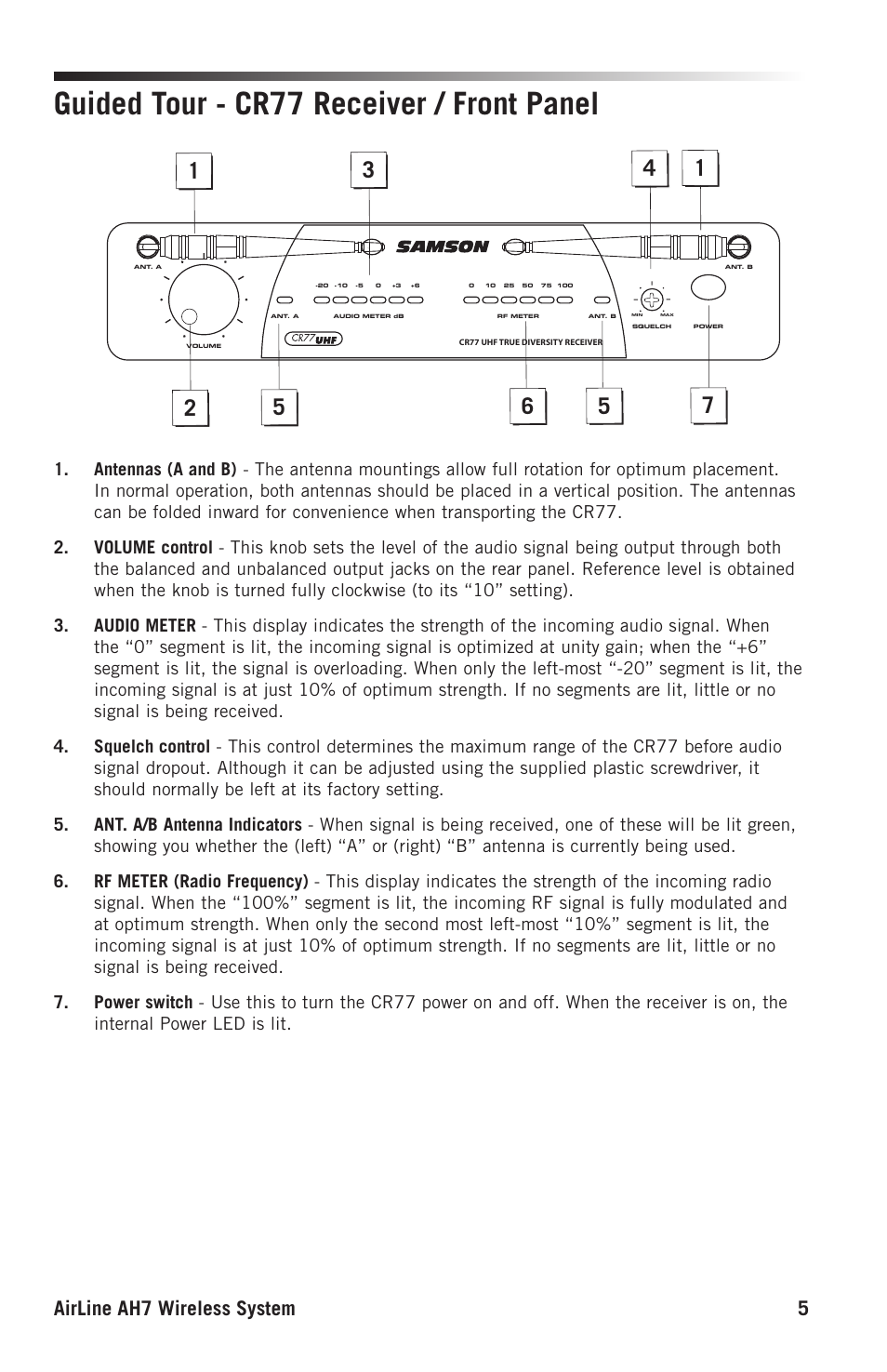 Guided tour - cr77 receiver / front panel, Airline ah7 wireless system 5 | Samson AH9 Wireless Transmitter with Fitness Headset Microphone (K: 470 to 494 MHz) User Manual | Page 5 / 12