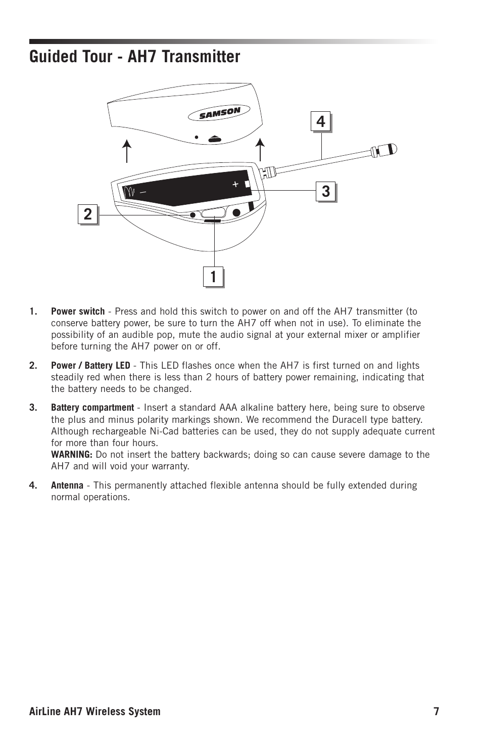 Guided tour - ah7 transmitter | Samson AH9 Wireless Transmitter with Fitness Headset Microphone (K: 470 to 494 MHz) User Manual | Page 7 / 12