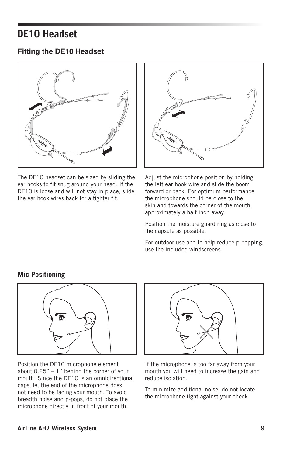 De10 headset | Samson AH9 Wireless Transmitter with Fitness Headset Microphone (K: 470 to 494 MHz) User Manual | Page 9 / 12