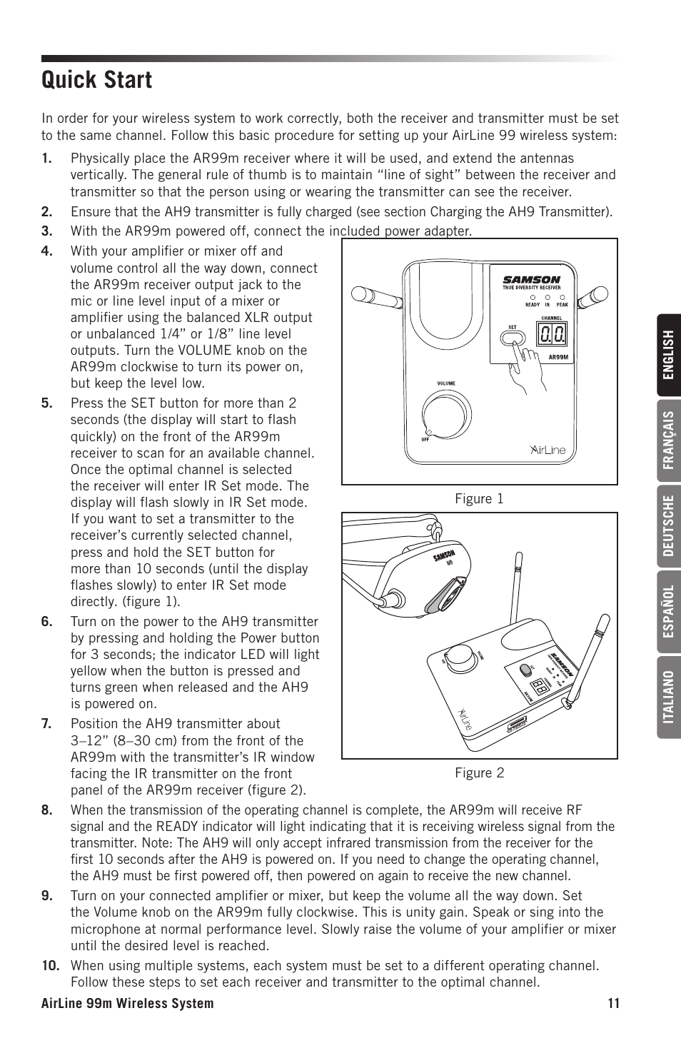 Quick start | Samson AH9 Wireless Transmitter with Fitness Headset Microphone (D: 542 to 566 MHz) User Manual | Page 11 / 72