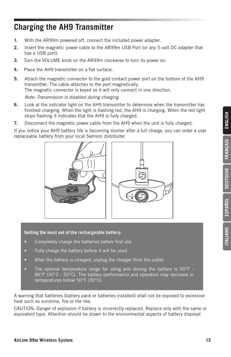 Charging the ah9 transmitter | Samson AH9 Wireless Transmitter with Fitness Headset Microphone (D: 542 to 566 MHz) User Manual | Page 13 / 72