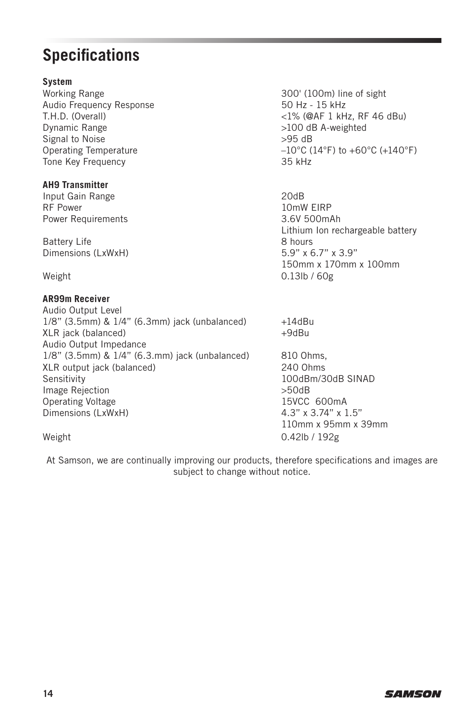 Specifications | Samson AH9 Wireless Transmitter with Fitness Headset Microphone (D: 542 to 566 MHz) User Manual | Page 14 / 72