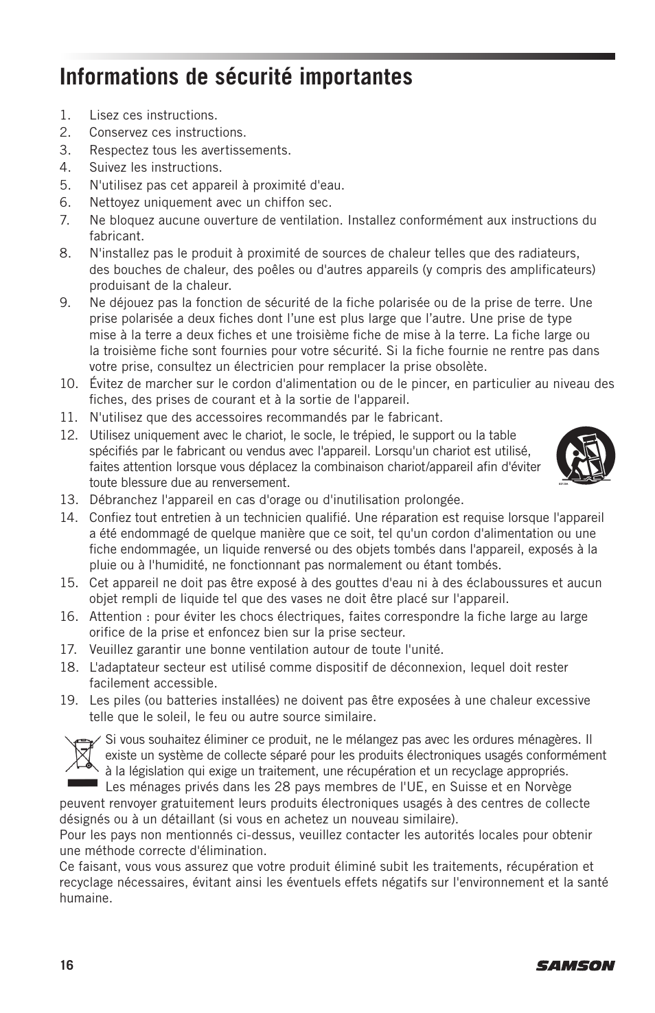 Informations de sécurité importantes | Samson AH9 Wireless Transmitter with Fitness Headset Microphone (D: 542 to 566 MHz) User Manual | Page 16 / 72