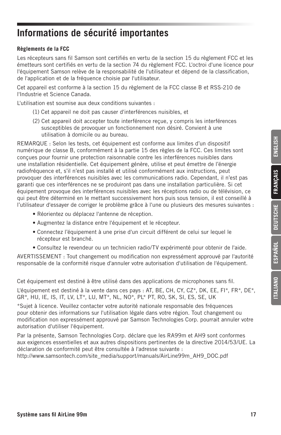 Informations de sécurité importantes | Samson AH9 Wireless Transmitter with Fitness Headset Microphone (D: 542 to 566 MHz) User Manual | Page 17 / 72