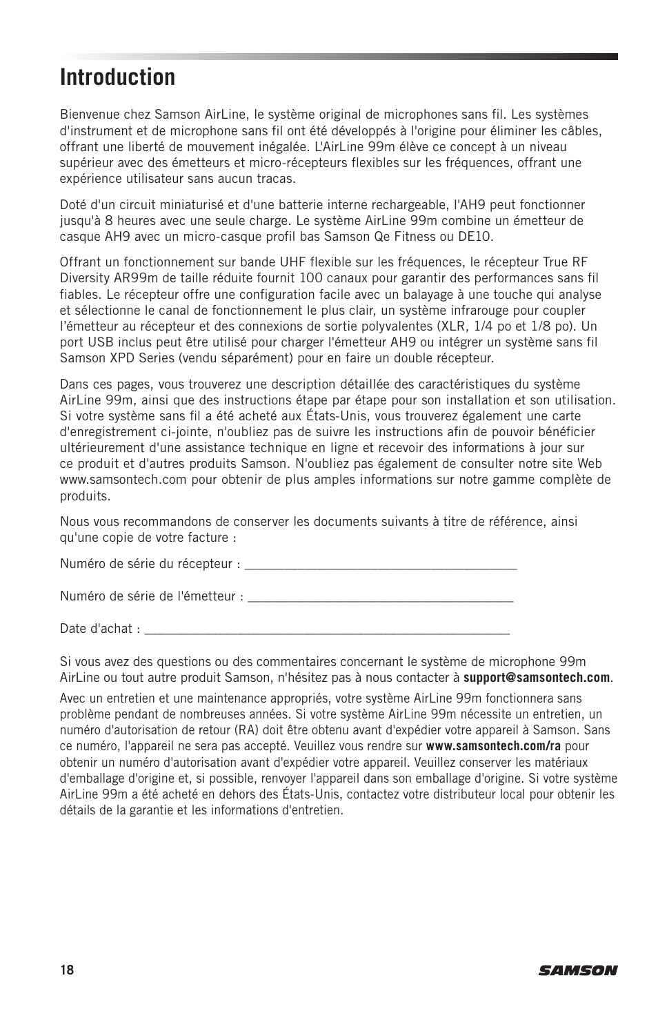 Introduction | Samson AH9 Wireless Transmitter with Fitness Headset Microphone (D: 542 to 566 MHz) User Manual | Page 18 / 72