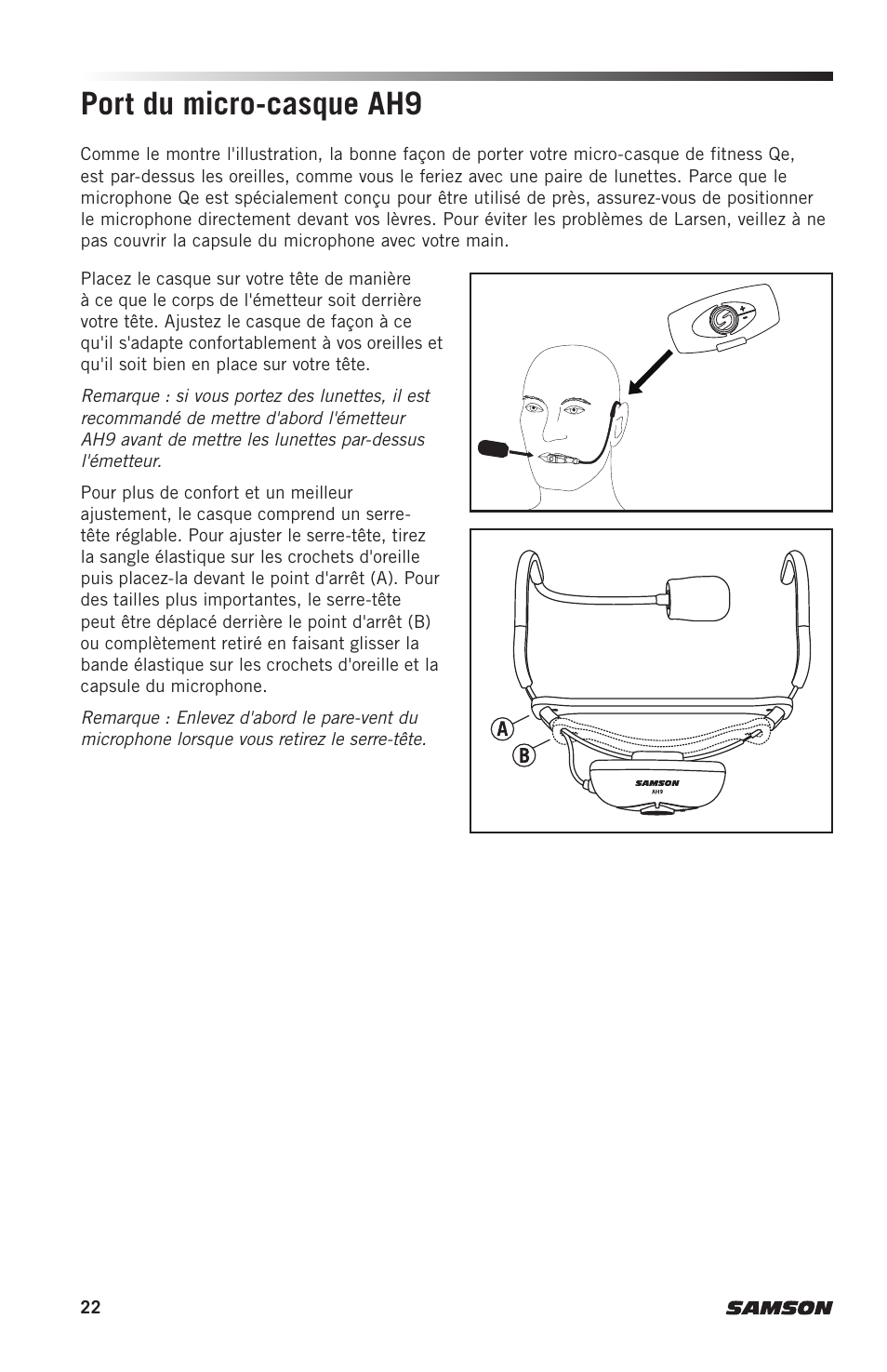 Port du micro-casque ah9 | Samson AH9 Wireless Transmitter with Fitness Headset Microphone (D: 542 to 566 MHz) User Manual | Page 22 / 72