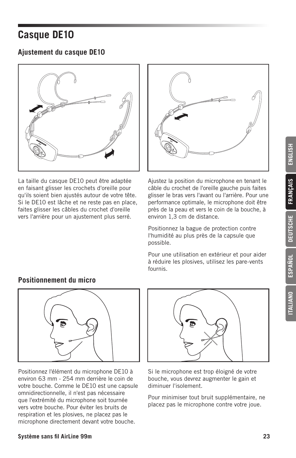 Casque de10, Positionnement du micro ajustement du casque de10 | Samson AH9 Wireless Transmitter with Fitness Headset Microphone (D: 542 to 566 MHz) User Manual | Page 23 / 72