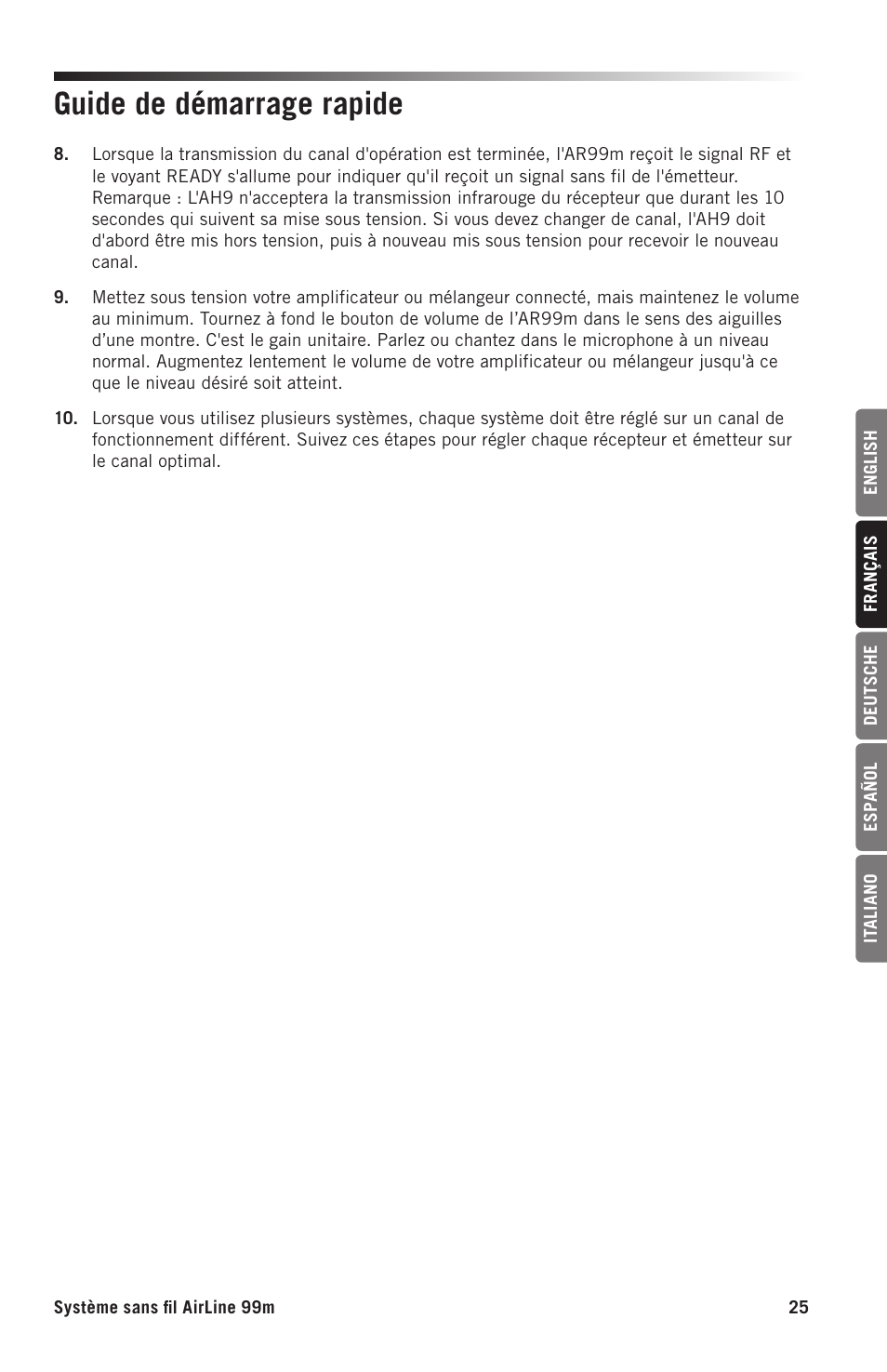 Guide de démarrage rapide | Samson AH9 Wireless Transmitter with Fitness Headset Microphone (D: 542 to 566 MHz) User Manual | Page 25 / 72