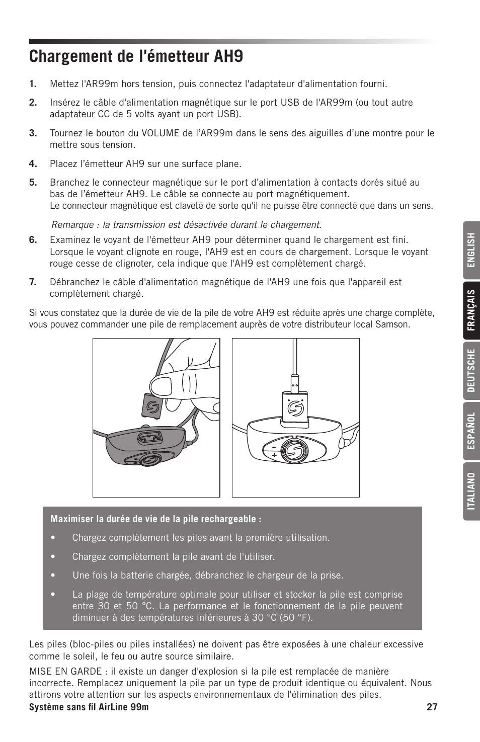Chargement de l'émetteur ah9 | Samson AH9 Wireless Transmitter with Fitness Headset Microphone (D: 542 to 566 MHz) User Manual | Page 27 / 72
