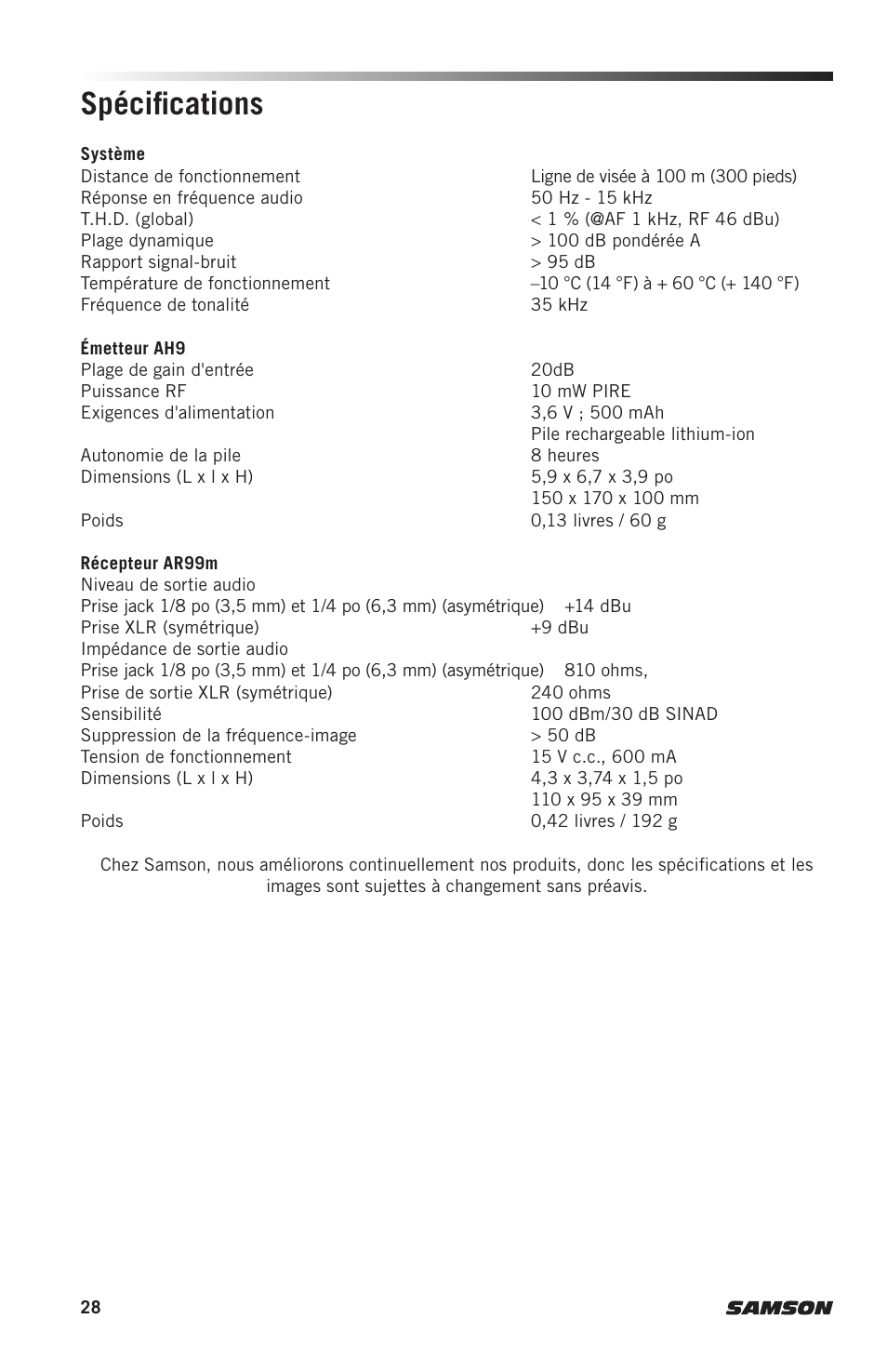 Spécifications | Samson AH9 Wireless Transmitter with Fitness Headset Microphone (D: 542 to 566 MHz) User Manual | Page 28 / 72