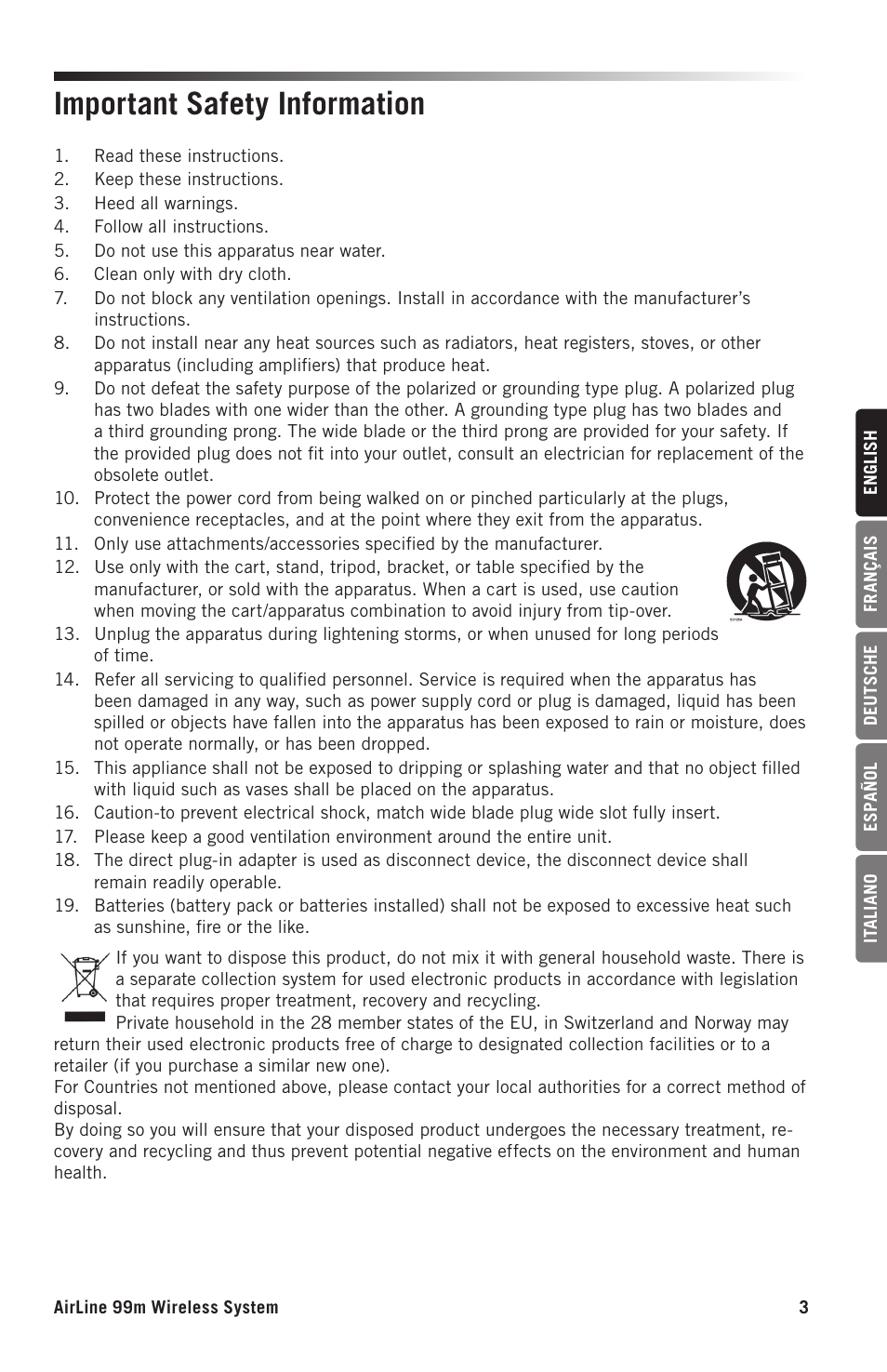 Important safety information | Samson AH9 Wireless Transmitter with Fitness Headset Microphone (D: 542 to 566 MHz) User Manual | Page 3 / 72