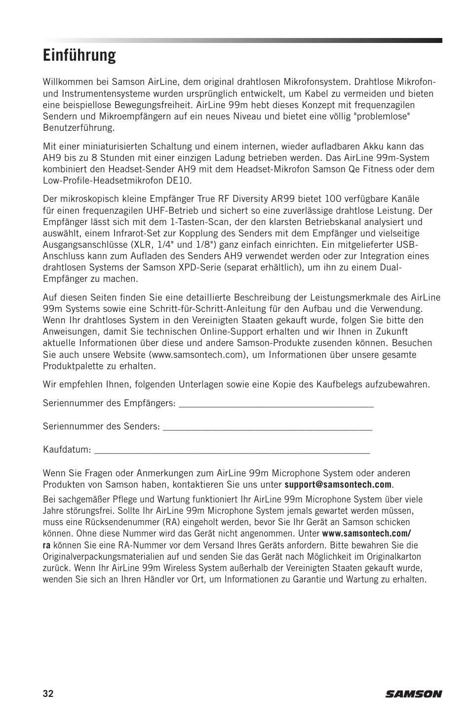 Einführung | Samson AH9 Wireless Transmitter with Fitness Headset Microphone (D: 542 to 566 MHz) User Manual | Page 32 / 72