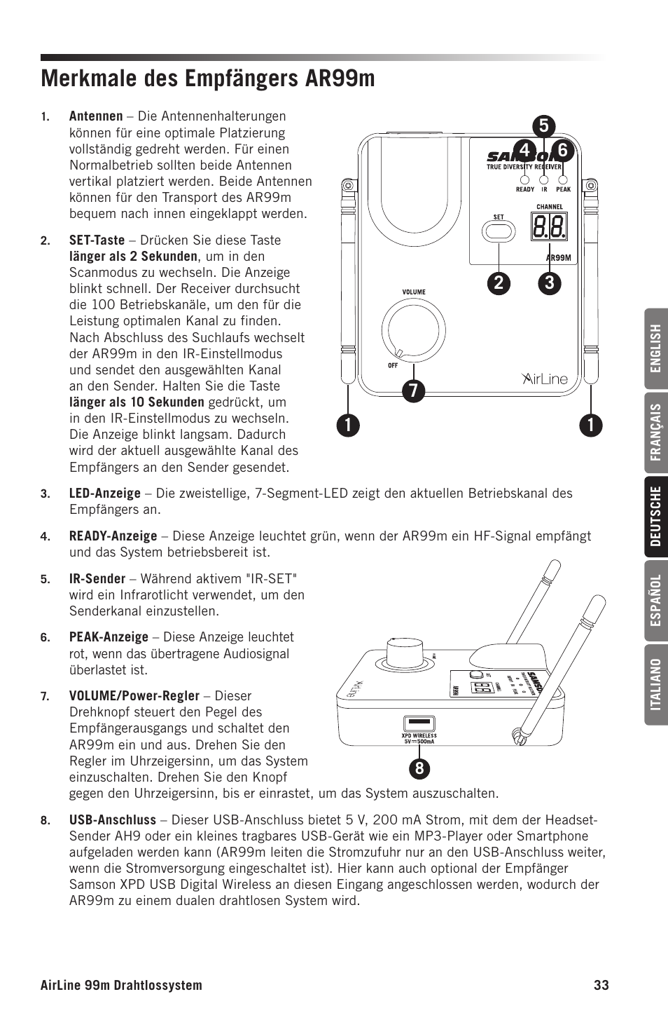 Merkmale des empfängers ar99m | Samson AH9 Wireless Transmitter with Fitness Headset Microphone (D: 542 to 566 MHz) User Manual | Page 33 / 72