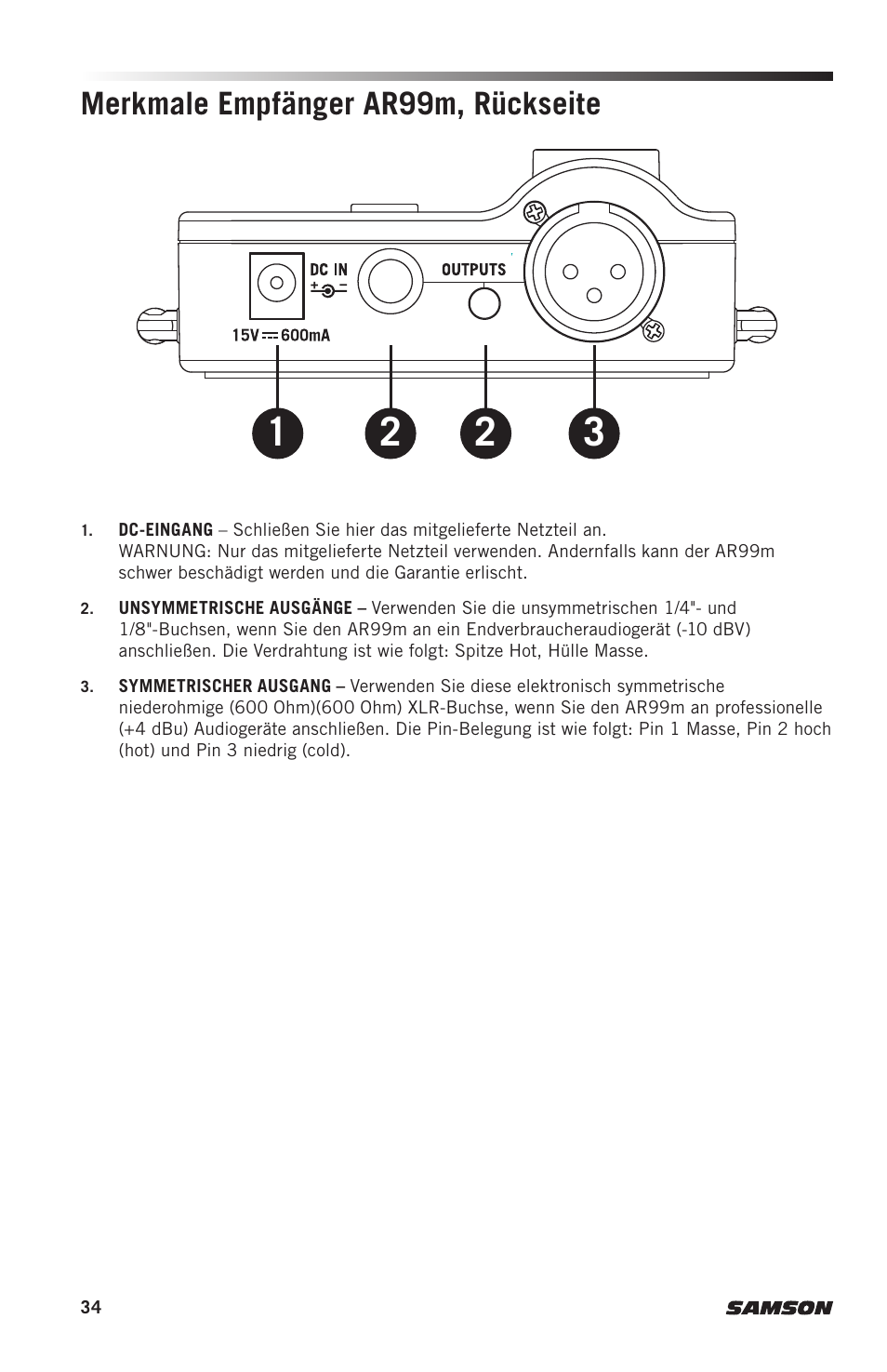 Merkmale empfänger ar99m, rückseite | Samson AH9 Wireless Transmitter with Fitness Headset Microphone (D: 542 to 566 MHz) User Manual | Page 34 / 72