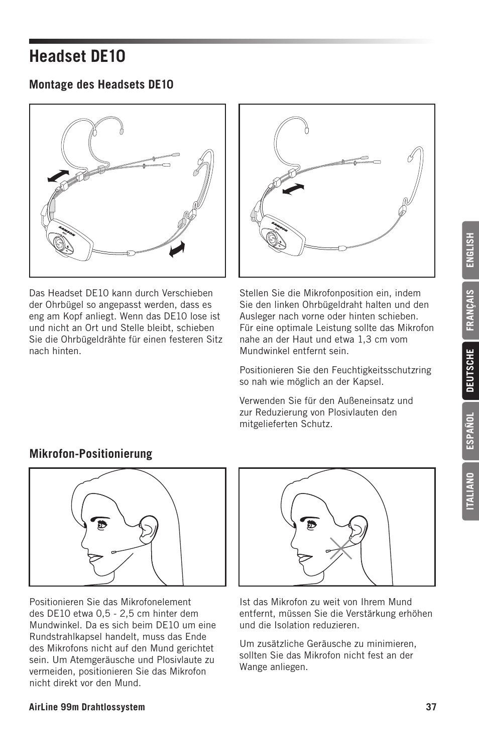 Headset de10, Mikrofon-positionierung montage des headsets de10 | Samson AH9 Wireless Transmitter with Fitness Headset Microphone (D: 542 to 566 MHz) User Manual | Page 37 / 72