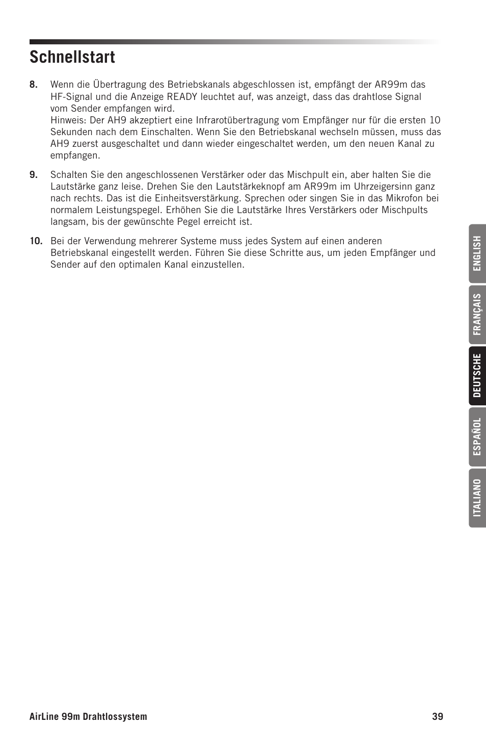 Schnellstart | Samson AH9 Wireless Transmitter with Fitness Headset Microphone (D: 542 to 566 MHz) User Manual | Page 39 / 72