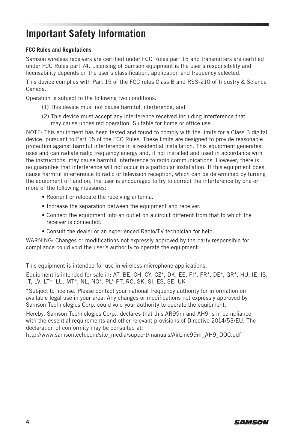 Important safety information | Samson AH9 Wireless Transmitter with Fitness Headset Microphone (D: 542 to 566 MHz) User Manual | Page 4 / 72