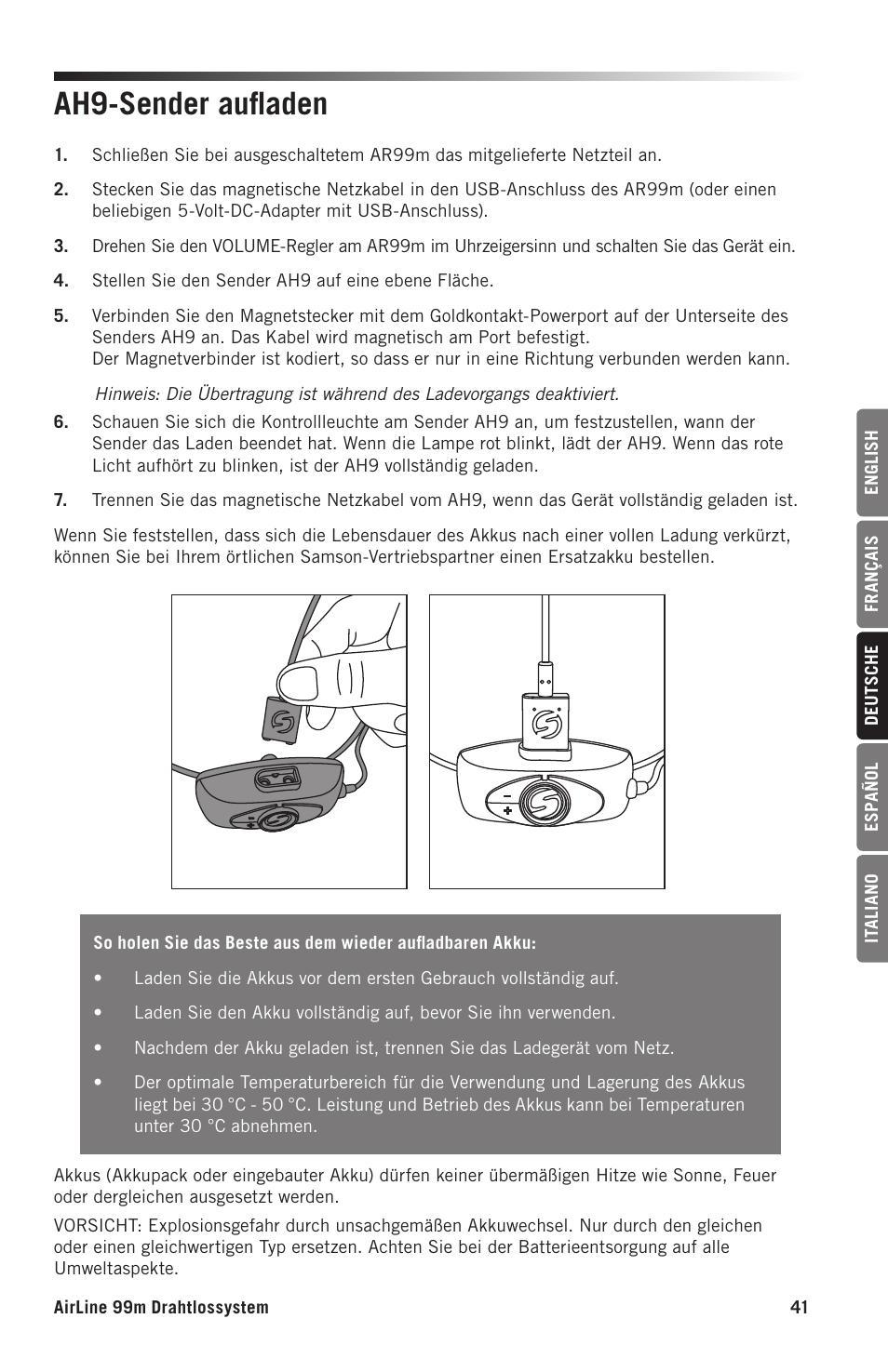 Ah9-sender aufladen | Samson AH9 Wireless Transmitter with Fitness Headset Microphone (D: 542 to 566 MHz) User Manual | Page 41 / 72