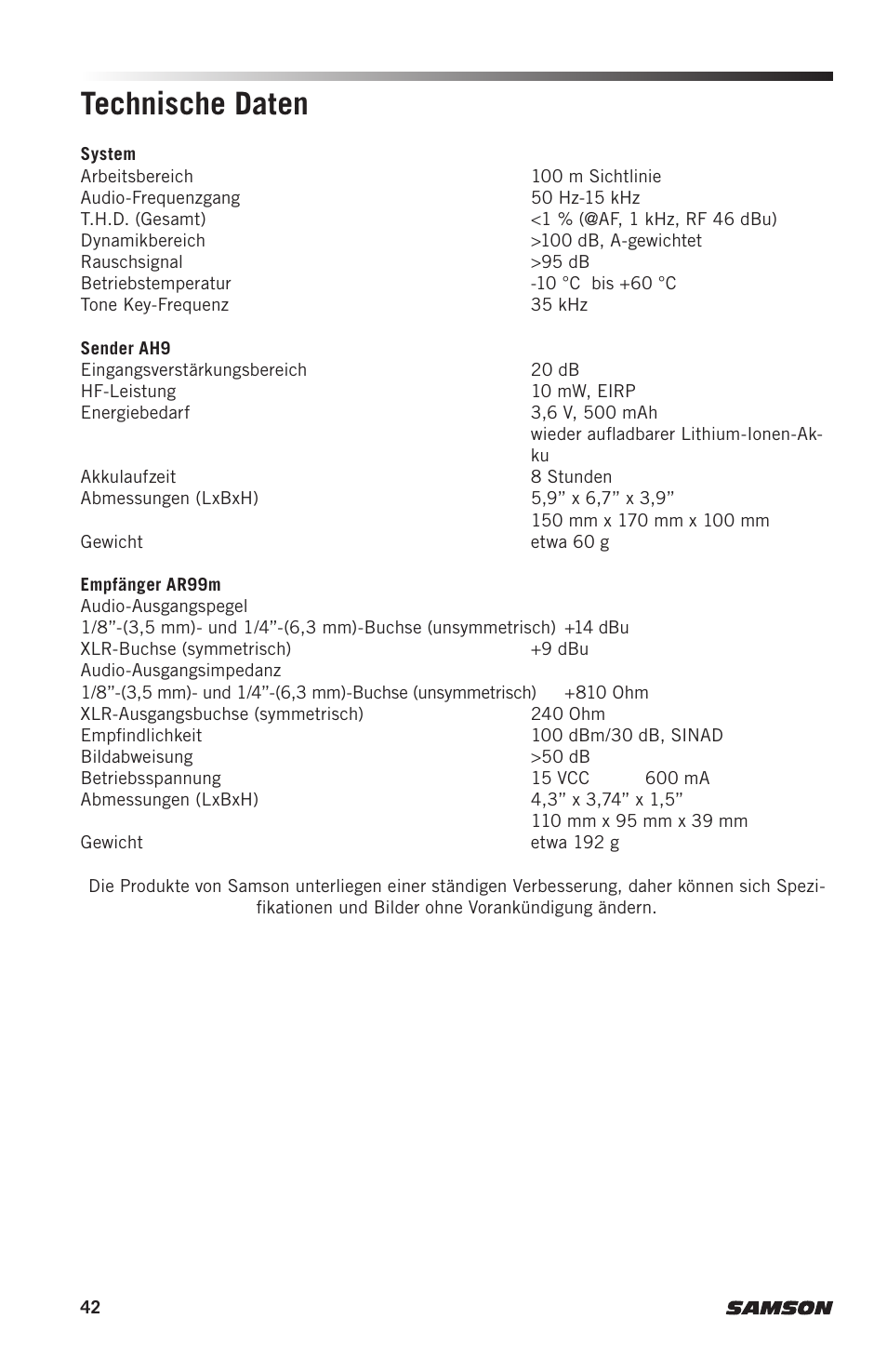 Technische daten | Samson AH9 Wireless Transmitter with Fitness Headset Microphone (D: 542 to 566 MHz) User Manual | Page 42 / 72