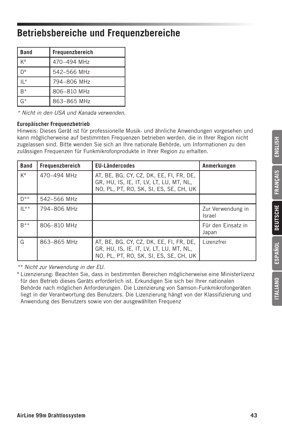 Betriebsbereiche und frequenzbereiche | Samson AH9 Wireless Transmitter with Fitness Headset Microphone (D: 542 to 566 MHz) User Manual | Page 43 / 72