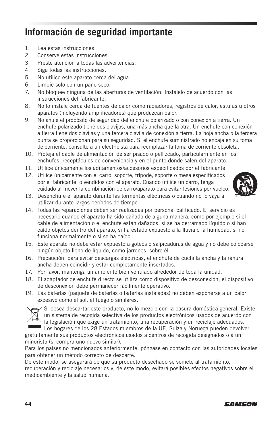 Información de seguridad importante | Samson AH9 Wireless Transmitter with Fitness Headset Microphone (D: 542 to 566 MHz) User Manual | Page 44 / 72