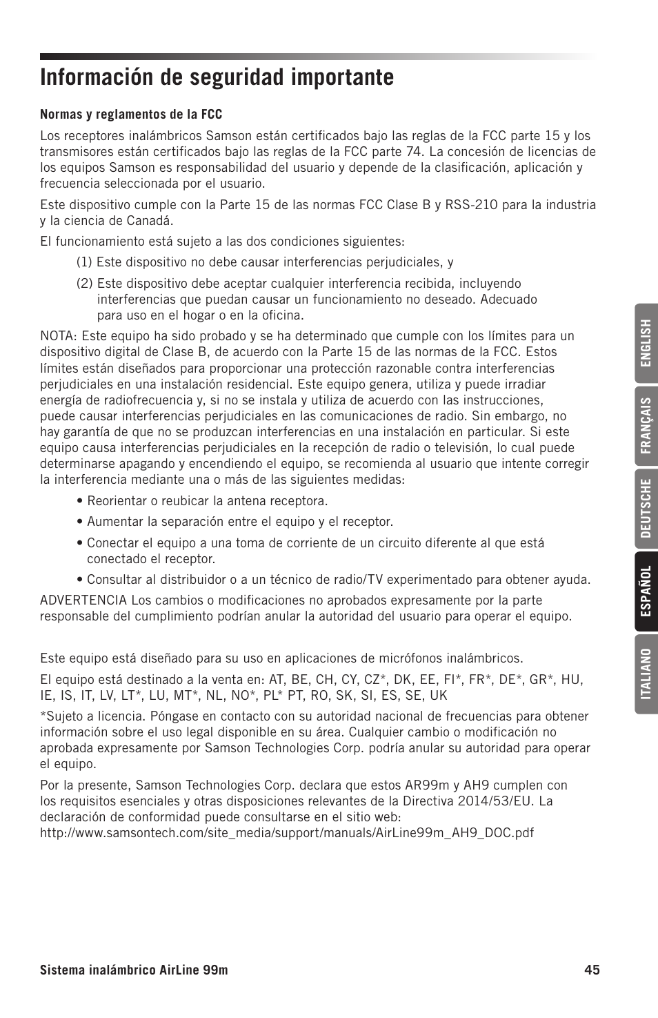 Información de seguridad importante | Samson AH9 Wireless Transmitter with Fitness Headset Microphone (D: 542 to 566 MHz) User Manual | Page 45 / 72