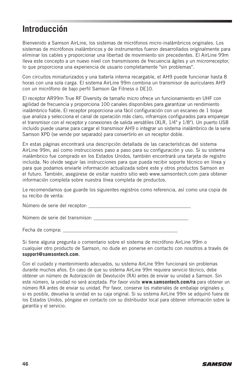 Introducción | Samson AH9 Wireless Transmitter with Fitness Headset Microphone (D: 542 to 566 MHz) User Manual | Page 46 / 72