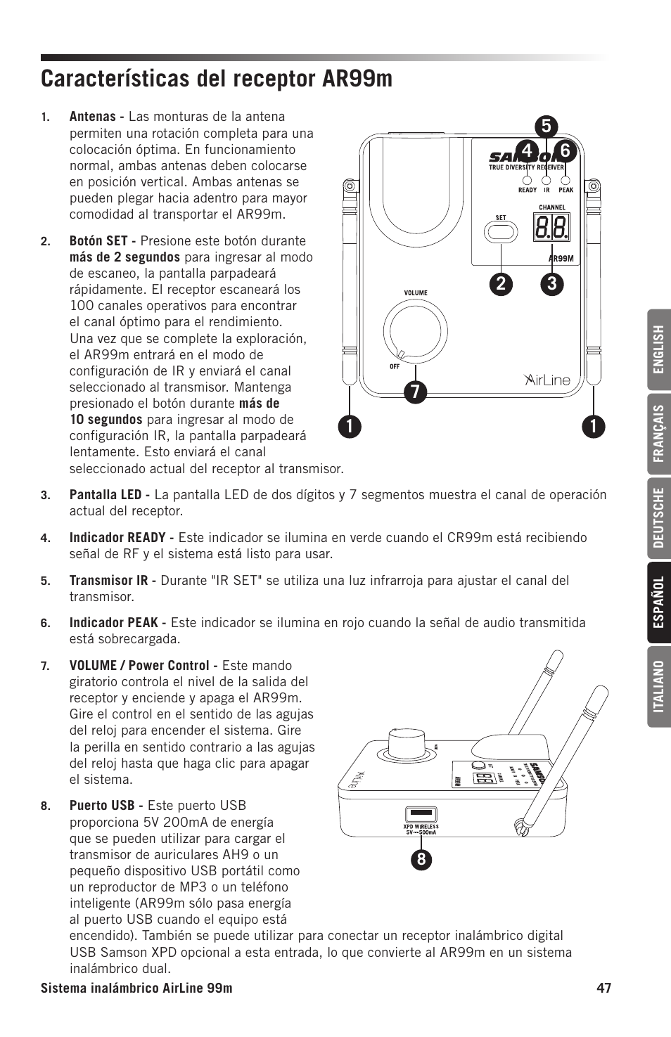 Características del receptor ar99m | Samson AH9 Wireless Transmitter with Fitness Headset Microphone (D: 542 to 566 MHz) User Manual | Page 47 / 72