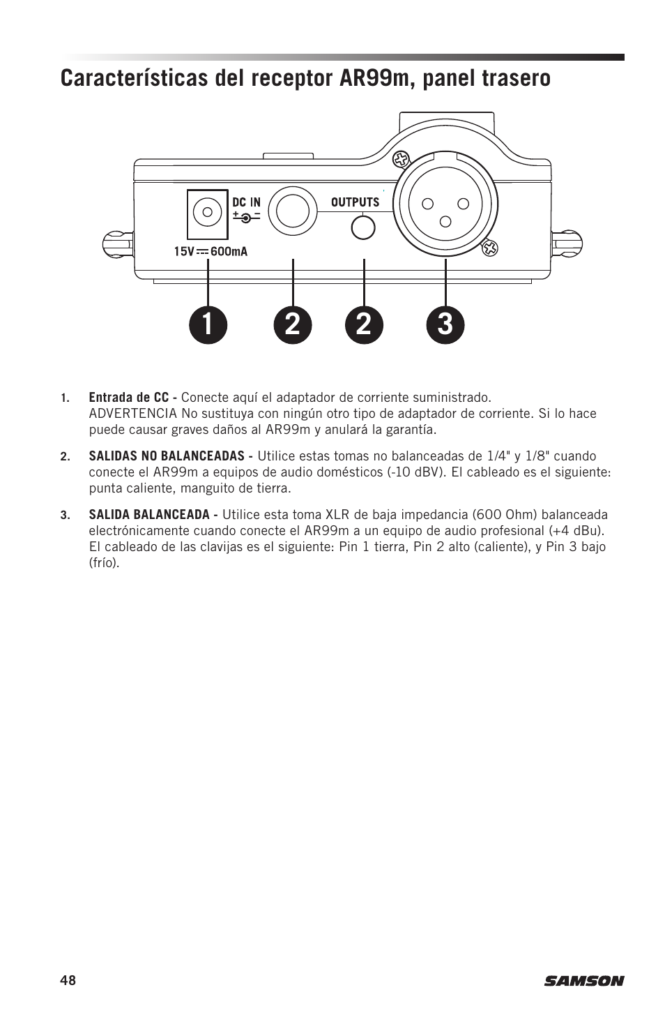 Características del receptor ar99m, panel trasero | Samson AH9 Wireless Transmitter with Fitness Headset Microphone (D: 542 to 566 MHz) User Manual | Page 48 / 72