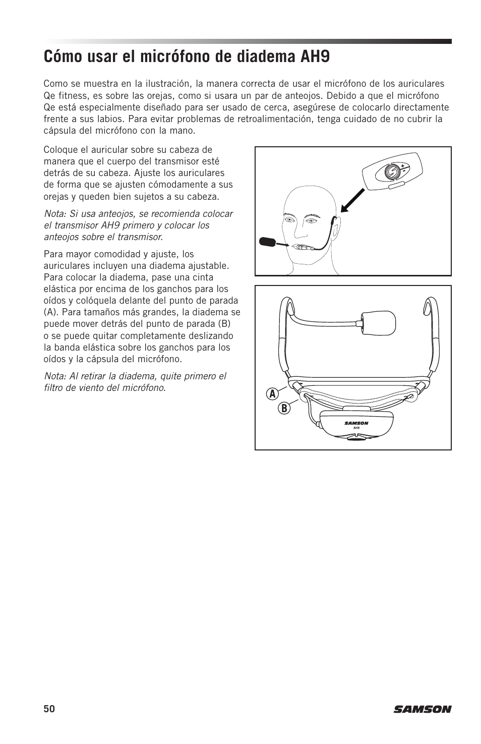 Cómo usar el micrófono de diadema ah9 | Samson AH9 Wireless Transmitter with Fitness Headset Microphone (D: 542 to 566 MHz) User Manual | Page 50 / 72