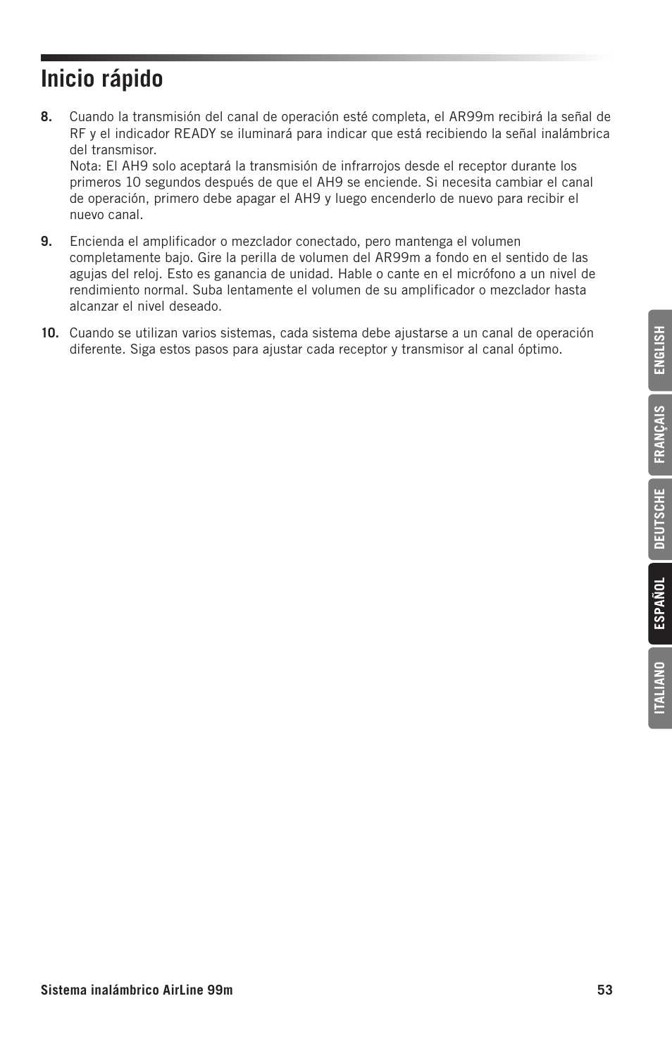 Inicio rápido | Samson AH9 Wireless Transmitter with Fitness Headset Microphone (D: 542 to 566 MHz) User Manual | Page 53 / 72