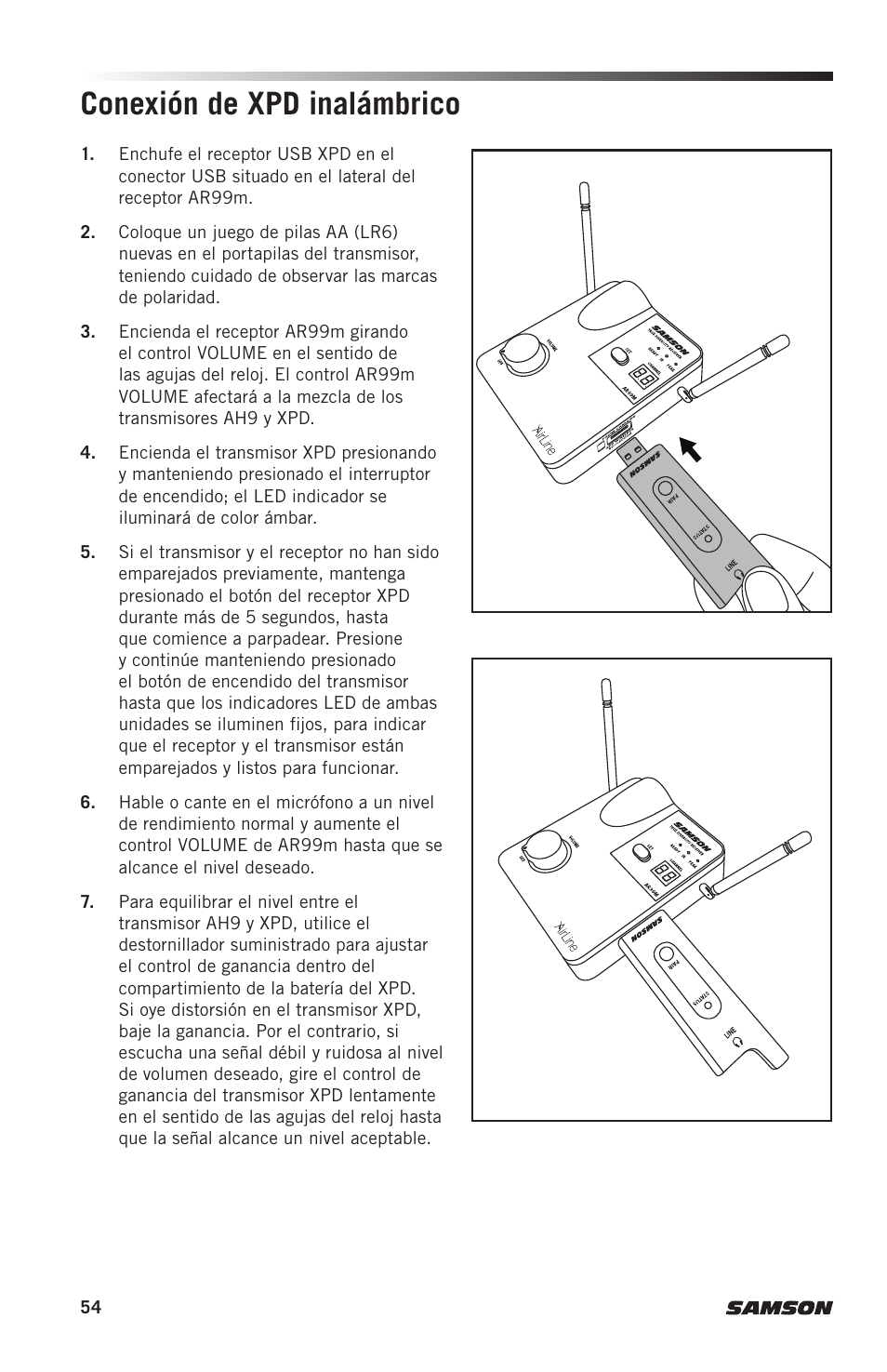 Conexión de xpd inalámbrico | Samson AH9 Wireless Transmitter with Fitness Headset Microphone (D: 542 to 566 MHz) User Manual | Page 54 / 72