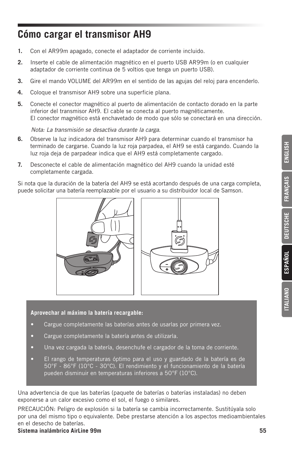 Cómo cargar el transmisor ah9 | Samson AH9 Wireless Transmitter with Fitness Headset Microphone (D: 542 to 566 MHz) User Manual | Page 55 / 72
