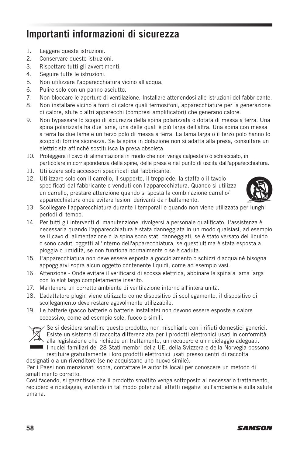 Importanti informazioni di sicurezza | Samson AH9 Wireless Transmitter with Fitness Headset Microphone (D: 542 to 566 MHz) User Manual | Page 58 / 72