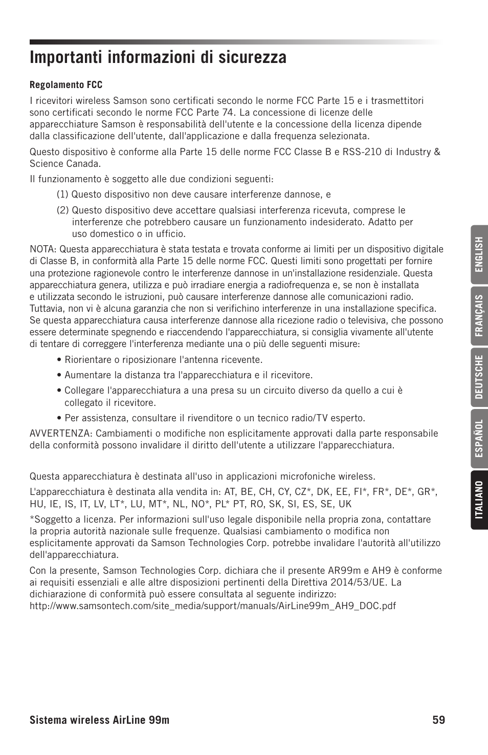 Importanti informazioni di sicurezza | Samson AH9 Wireless Transmitter with Fitness Headset Microphone (D: 542 to 566 MHz) User Manual | Page 59 / 72