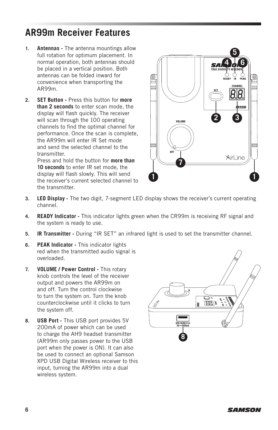 Ar99m receiver features | Samson AH9 Wireless Transmitter with Fitness Headset Microphone (D: 542 to 566 MHz) User Manual | Page 6 / 72