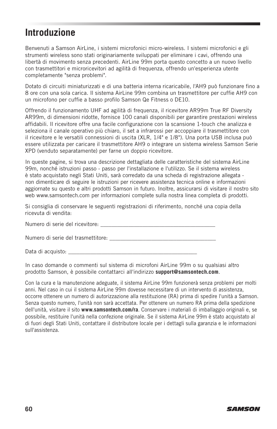 Introduzione | Samson AH9 Wireless Transmitter with Fitness Headset Microphone (D: 542 to 566 MHz) User Manual | Page 60 / 72