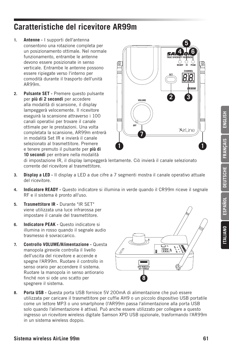 Caratteristiche del ricevitore ar99m | Samson AH9 Wireless Transmitter with Fitness Headset Microphone (D: 542 to 566 MHz) User Manual | Page 61 / 72