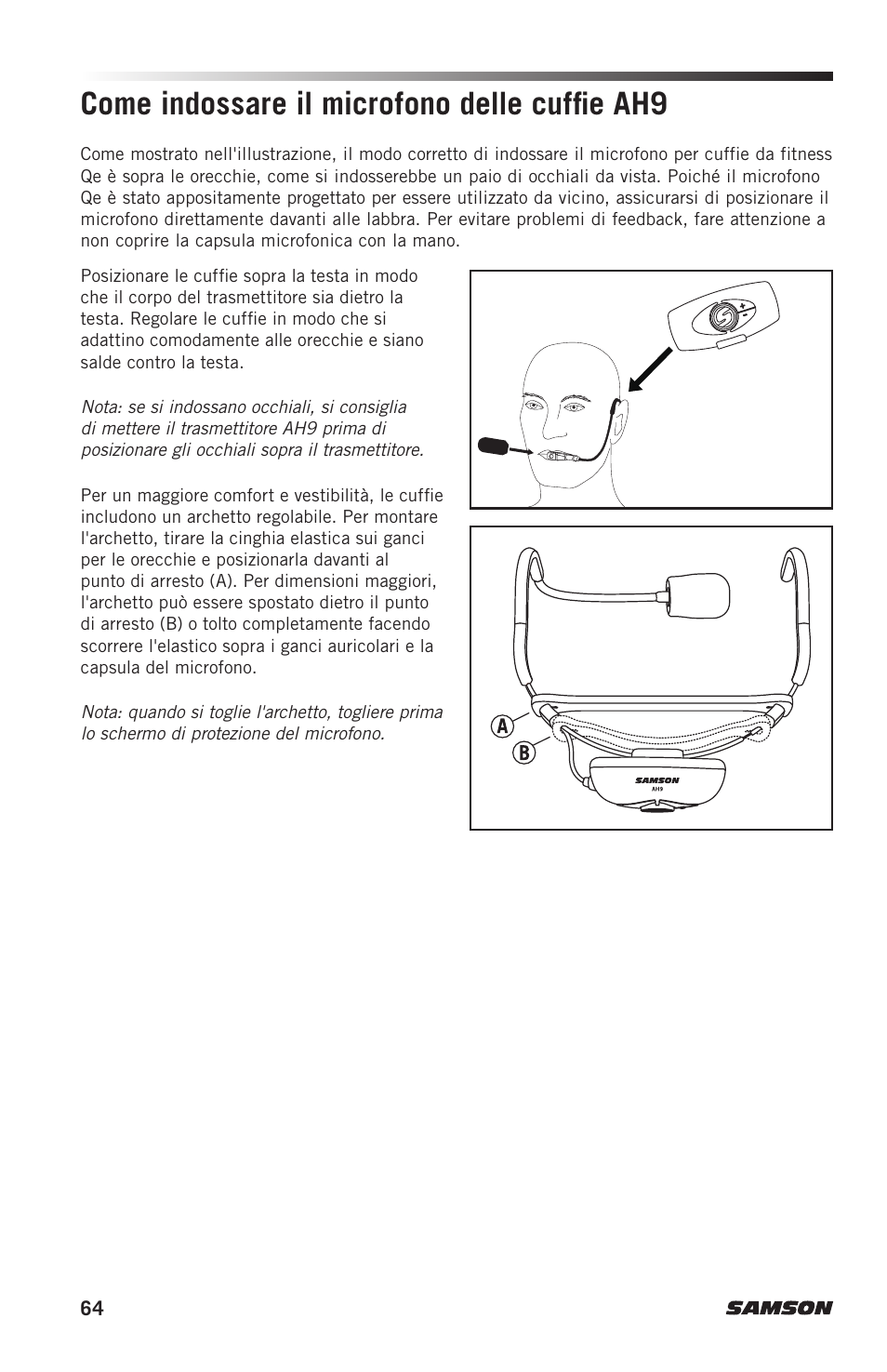 Come indossare il microfono delle cuffie ah9 | Samson AH9 Wireless Transmitter with Fitness Headset Microphone (D: 542 to 566 MHz) User Manual | Page 64 / 72