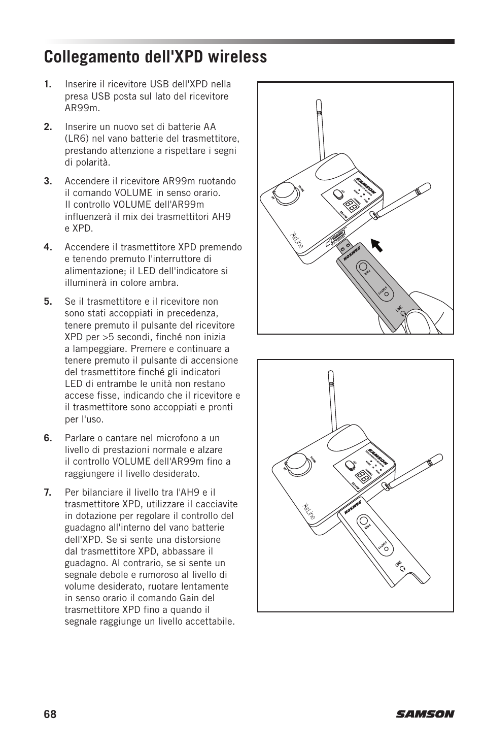 Collegamento dell'xpd wireless | Samson AH9 Wireless Transmitter with Fitness Headset Microphone (D: 542 to 566 MHz) User Manual | Page 68 / 72