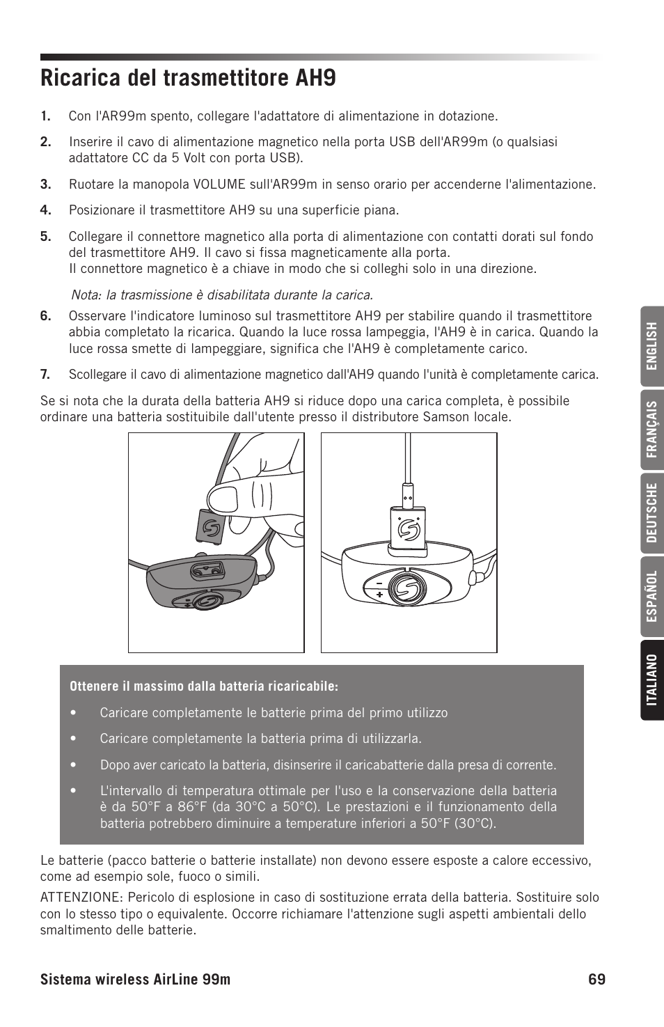Ricarica del trasmettitore ah9 | Samson AH9 Wireless Transmitter with Fitness Headset Microphone (D: 542 to 566 MHz) User Manual | Page 69 / 72