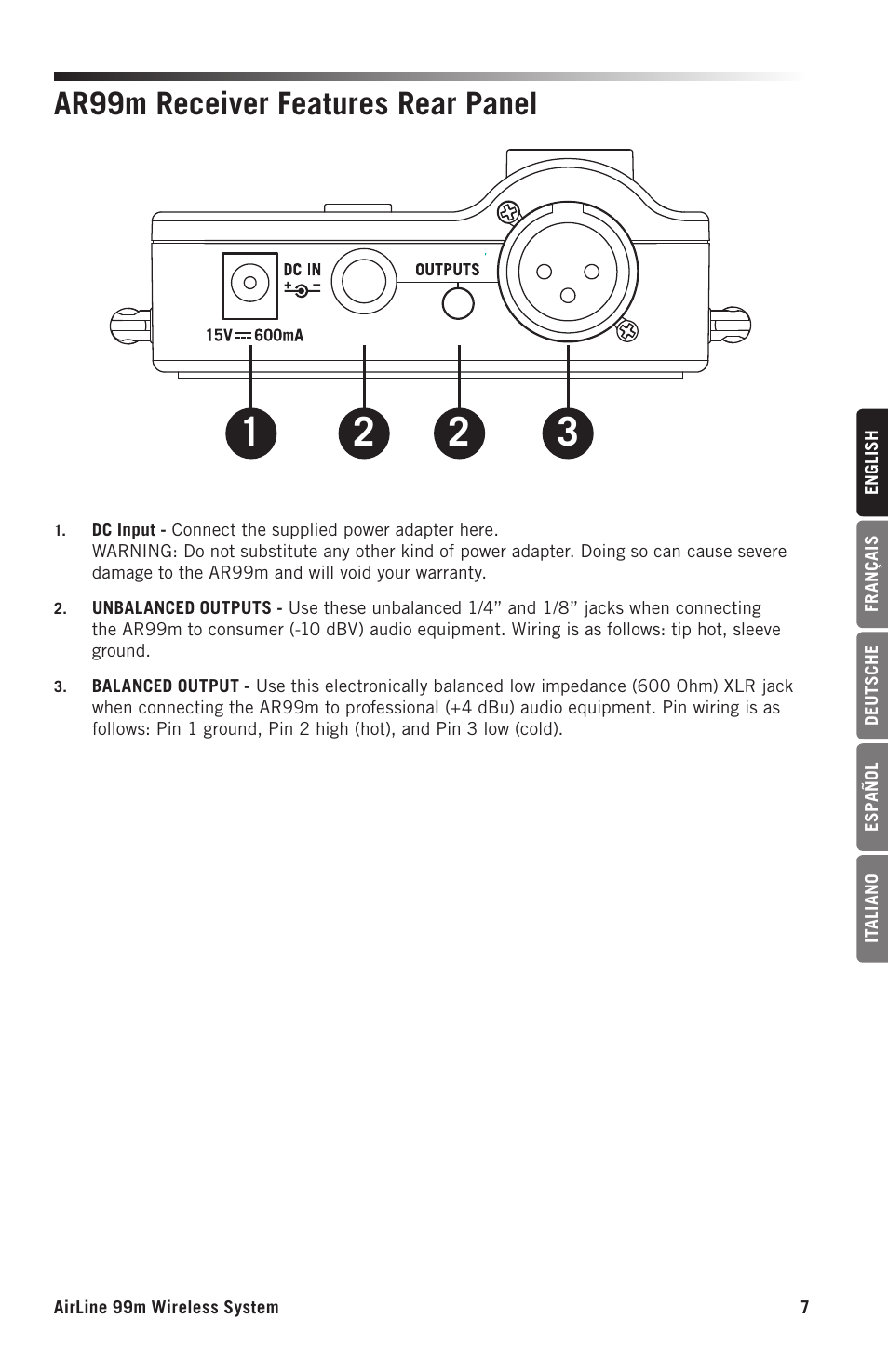 Ar99m receiver features rear panel | Samson AH9 Wireless Transmitter with Fitness Headset Microphone (D: 542 to 566 MHz) User Manual | Page 7 / 72