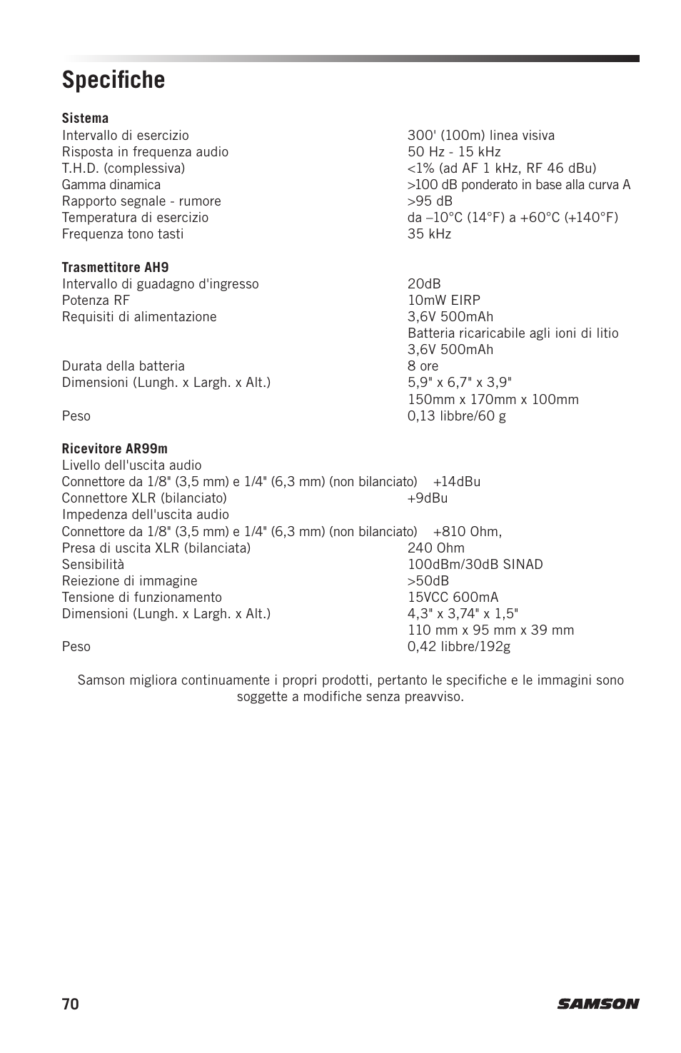 Specifiche | Samson AH9 Wireless Transmitter with Fitness Headset Microphone (D: 542 to 566 MHz) User Manual | Page 70 / 72