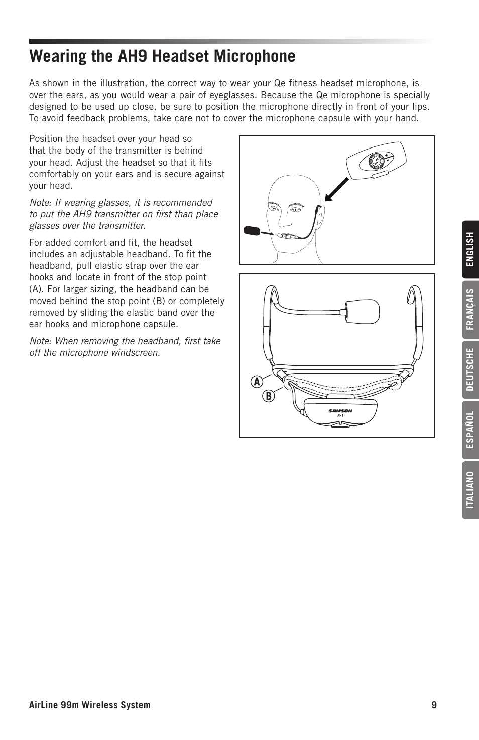 Wearing the ah9 headset microphone | Samson AH9 Wireless Transmitter with Fitness Headset Microphone (D: 542 to 566 MHz) User Manual | Page 9 / 72