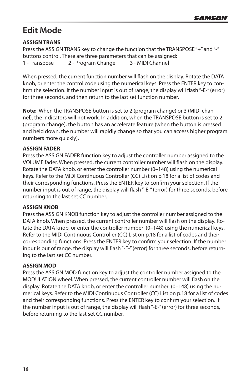 Edit mode | Samson Carbon 61 - USB/MIDI Keyboard Controller User Manual | Page 16 / 24